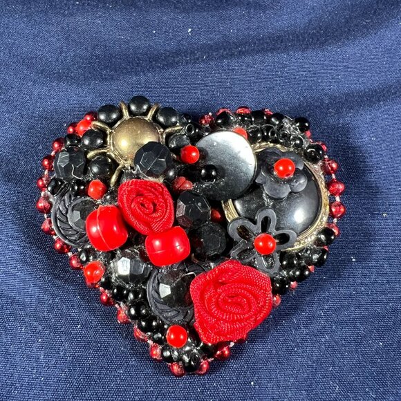 Handcrafted Black & Red Beaded Heart Brooch Pin With Floral & Beaded Accents - Picture 1 of 3